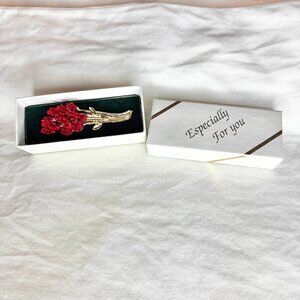 VTG 70s DMC Gold Tone Red Enamel Floral Bouquet Brooch Original Box Complete